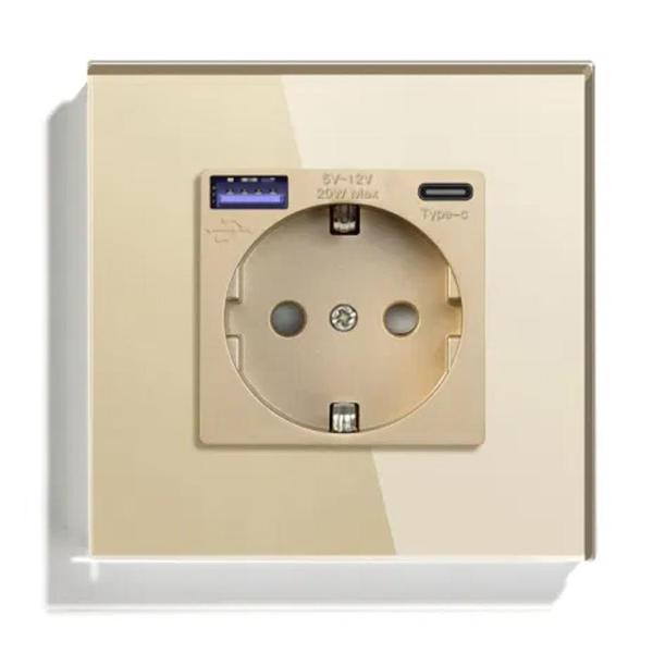 Розетка Vell GD1P-EUACF, электрическая, 1 пост, USB-A, USB-C, быстрая зарядка, стеклянная рамка, золотистая