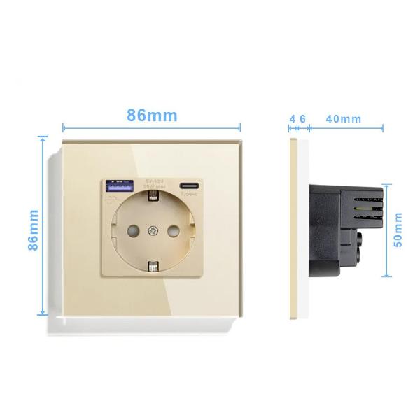 Розетка Vell GD1P-EUACF, электрическая, 1 пост, USB-A, USB-C, быстрая зарядка, стеклянная рамка, золотистая