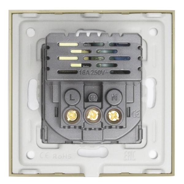 Розетка Vell GD1P-EUACF, электрическая, 1 пост, USB-A, USB-C, быстрая зарядка, стеклянная рамка, золотистая