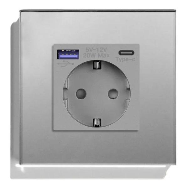Розетка Vell GY1P-EUACF, электрическая, 1 пост, USB-A, USB-C, быстрая зарядка, стеклянная рамка, серая