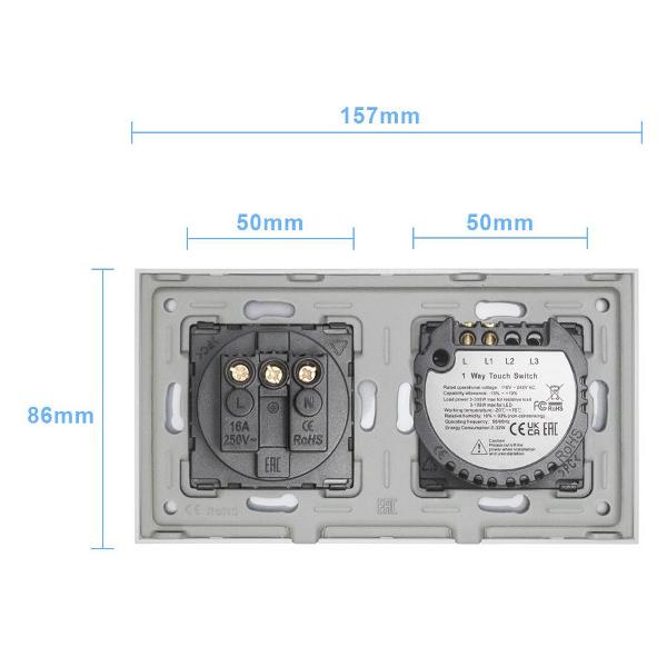 Розетка электрическая Vell WH2P-1G-1EU с розеткой, сенсорный, 2 поста, 1 кнопка + розетка, стекло, белый