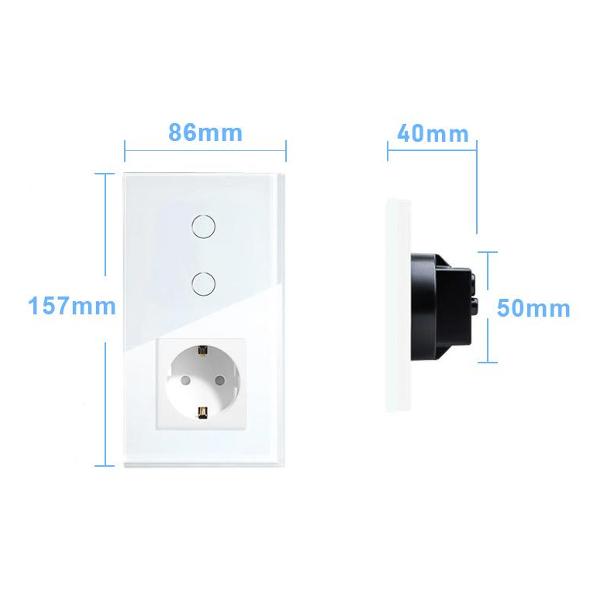 Блок комбинированный Vell WH2P-2G-1EU с розеткой, сенсорный, 2 поста, 2 кнопки + розетка, стекло, белый