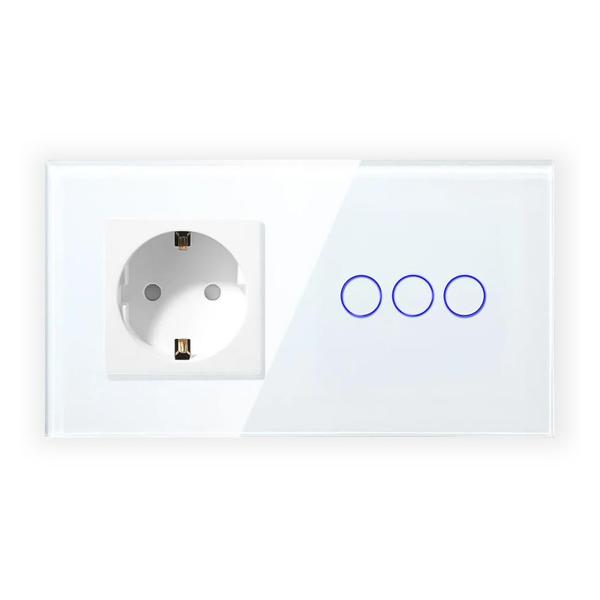 Блок комбинированный Vell WH2P-3G-1EU с розеткой, сенсорный, 2 поста, 3 кнопки + розетка, стекло, белый
