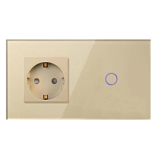 Блок комбинированный Vell GD2P-1G-1EU с розеткой, сенсорный, 2 поста, 1 кнопка + розетка, стекло, золотистый