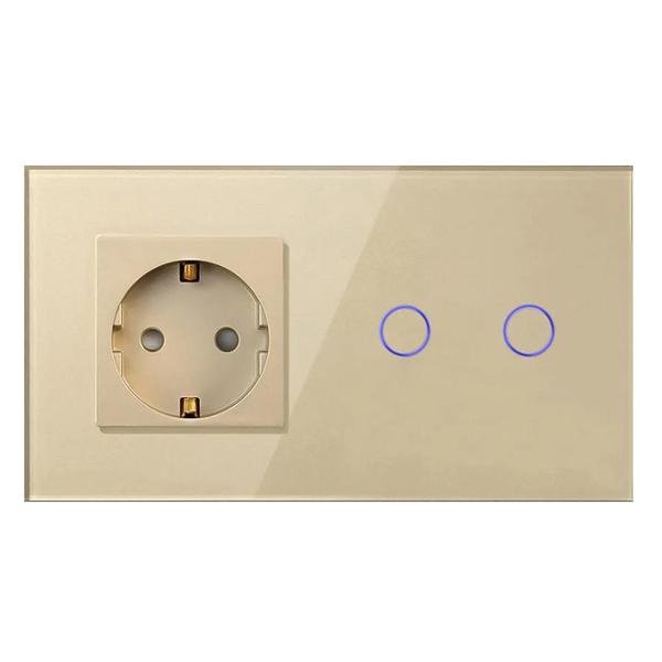 Блок комбинированный Vell GD2P-2G-1EU с розеткой, сенсорный, 2 поста, 2 кнопки + розетка, стекло, золотистый
