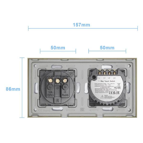Блок комбинированный Vell GD2P-2G-1EU с розеткой, сенсорный, 2 поста, 2 кнопки + розетка, стекло, золотистый
