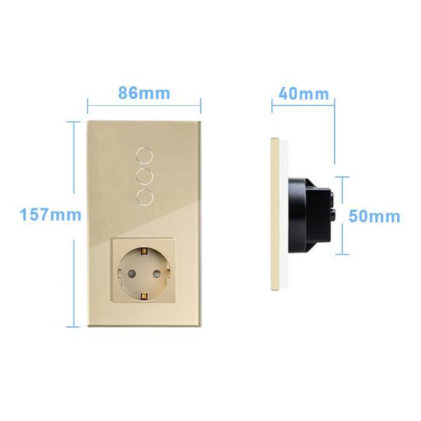 Блок комбинированный Vell GD2P-2G-1EU с розеткой, сенсорный, 2 поста, 2 кнопки + розетка, стекло, золотистый