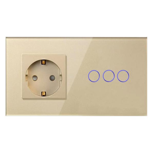 Блок комбинированный Vell GD2P-3G-1EU с розеткой, сенсорный, 2 поста, 3 кнопки + розетка, стекло, золотистый