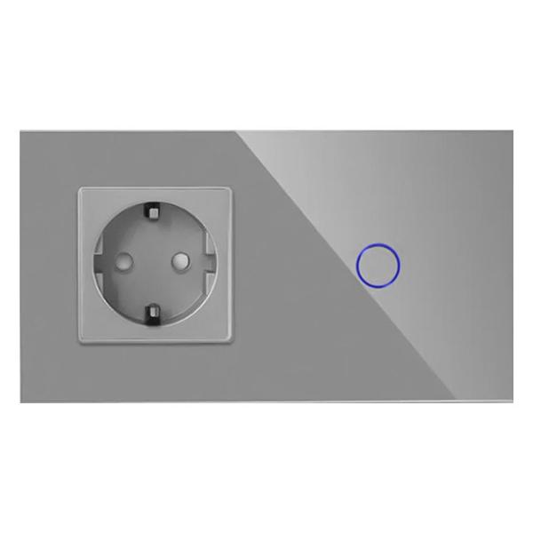 Блок комбинированный Vell GY2P-1G-1EU с розеткой, сенсорный, 2 поста, 1 кнопка + розетка, стекло, серый