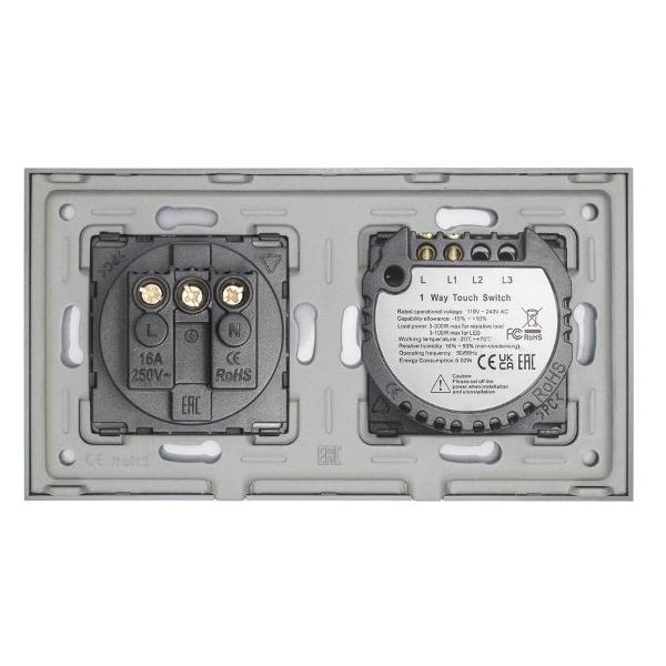 Блок комбинированный Vell GY2P-1G-1EU с розеткой, сенсорный, 2 поста, 1 кнопка + розетка, стекло, серый