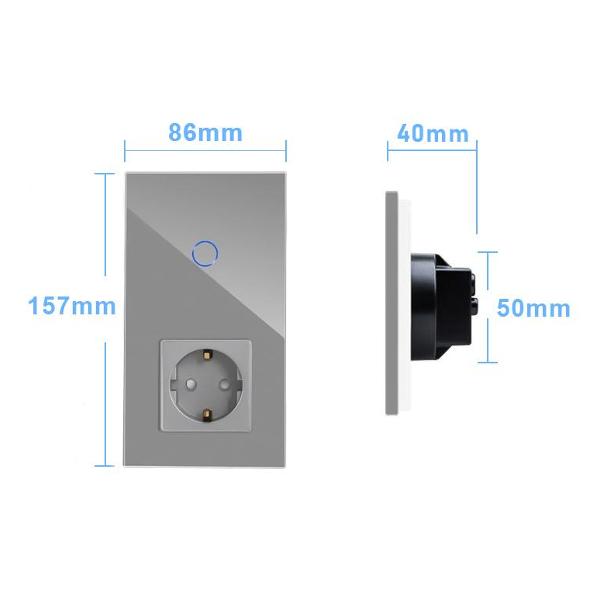 Блок комбинированный Vell GY2P-1G-1EU с розеткой, сенсорный, 2 поста, 1 кнопка + розетка, стекло, серый