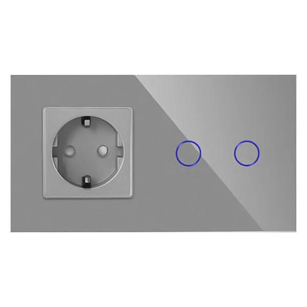 Блок комбинированный Vell GY2P-2G-1EU с розеткой, сенсорный, 2 поста, 2 кнопки + розетка, стекло, серый