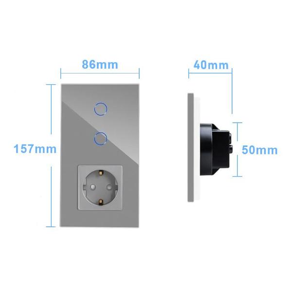 Блок комбинированный Vell GY2P-2G-1EU с розеткой, сенсорный, 2 поста, 2 кнопки + розетка, стекло, серый