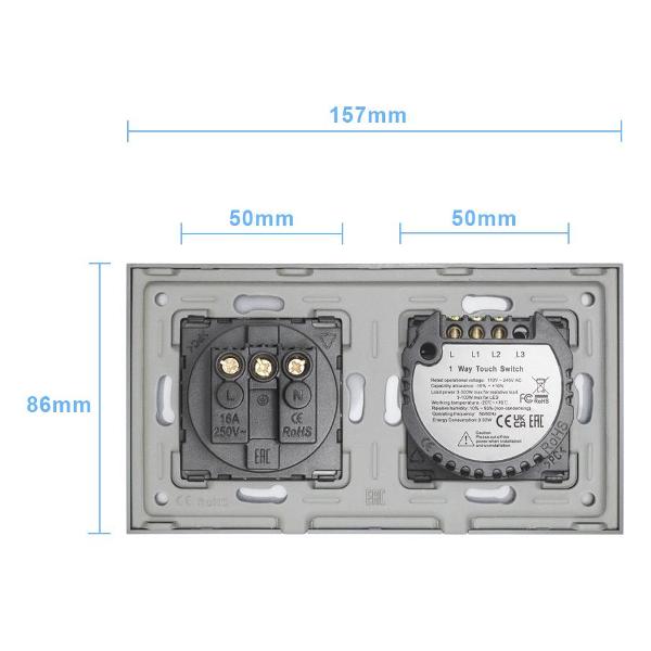 Блок комбинированный Vell GY2P-2G-1EU с розеткой, сенсорный, 2 поста, 2 кнопки + розетка, стекло, серый