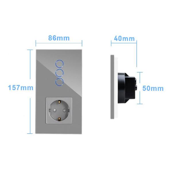 Блок комбинированный Vell GY2P-3G-1EU с розеткой, сенсорный, 2 поста, 3 кнопки + розетка, стекло, серый