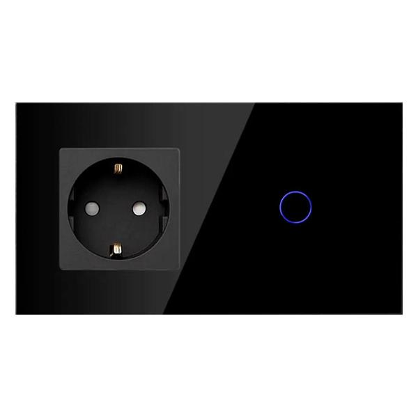 Блок комбинированный Vell BK2P-1G-1EU с розеткой, сенсорный, 2 поста, 1 кнопка + розетка, стекло, черный