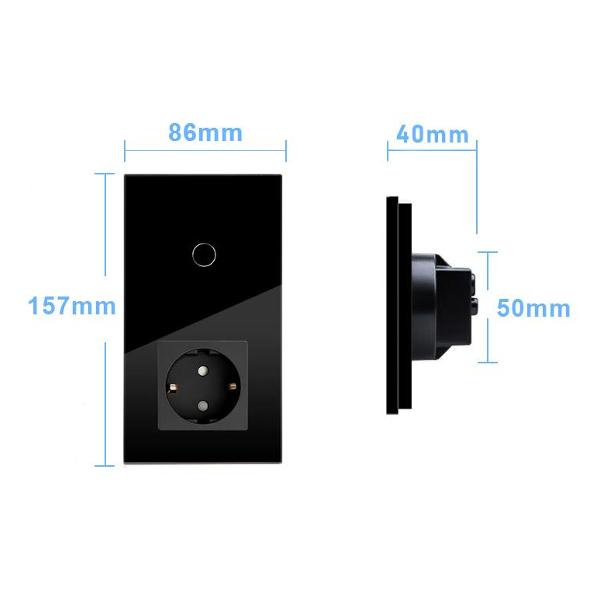 Блок комбинированный Vell BK2P-1G-1EU с розеткой, сенсорный, 2 поста, 1 кнопка + розетка, стекло, черный