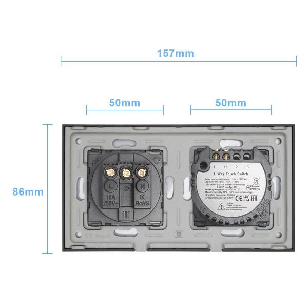 Блок комбинированный Vell BK2P-1G-1EU с розеткой, сенсорный, 2 поста, 1 кнопка + розетка, стекло, черный