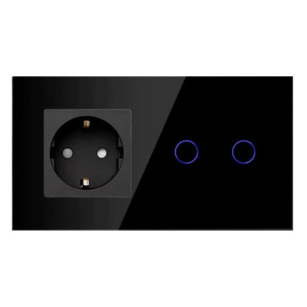 Блок комбинированный Vell BK2P-2G-1EU с розеткой, сенсорный, 2 поста, 2 кнопки + розетка, стекло, черный