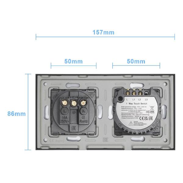Блок комбинированный Vell BK2P-2G-1EU с розеткой, сенсорный, 2 поста, 2 кнопки + розетка, стекло, черный
