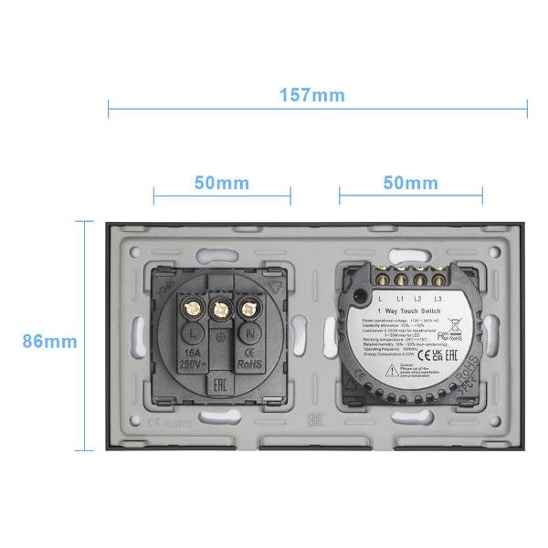 Блок комбинированный Vell BK2P-3G-1EU с розеткой, сенсорный, 2 поста, 3 кнопки + розетка, стекло, черный