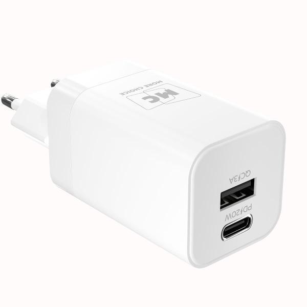 Сетевое зарядное устройство More Choice 1USB+1Type-C 3.0A PD 20W+QC3.0 NC85 White