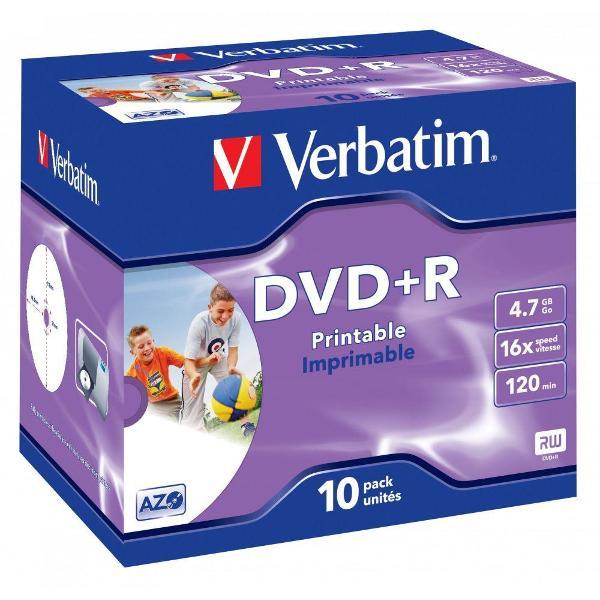 Диск DVD+R Verbatim 4.7 ГБ 16X AZO Printable, 10 шт. в коробках