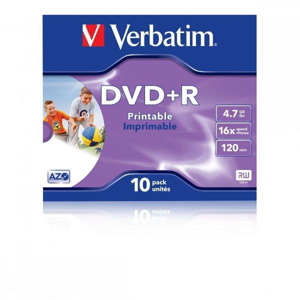 Диск DVD+R Verbatim 4.7 ГБ 16X AZO Printable, 10 шт. в коробках