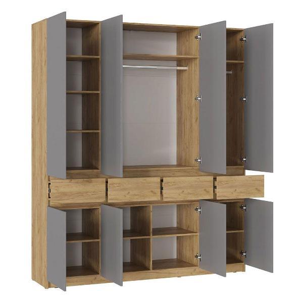 Шкаф Правила мебели Бостон с полками, с ящиками, со штангой, 199.6х51х236 см, Дуб Крафт золотой / Серый шифер