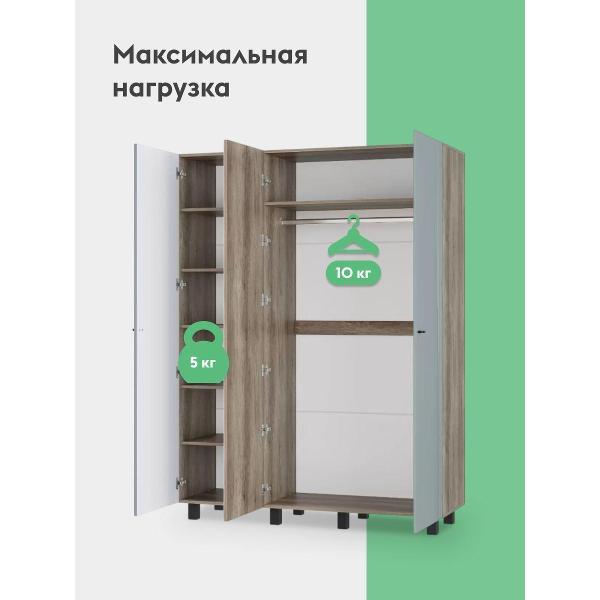 Шкаф Правила мебели Олива трехдверный, с зеркалом, с полками, со штангой, 150.2х51.4х201.6 см, Дуб Каньон / Шарли бриз