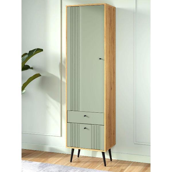 Шкаф Правила мебели Вега Саксония с ящиком, с полками, с доводчиками, 53.7х40х200 см, Дуб Крафт золотой / Серо-зеленый