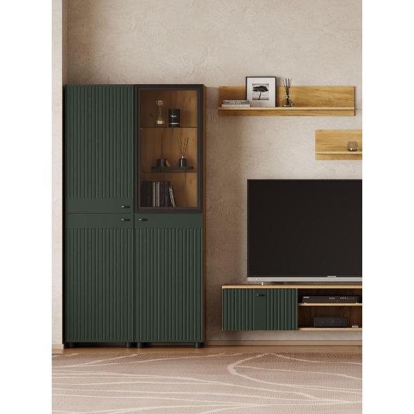 Шкаф Правила мебели Ларенс с полками, стеклянный фасад, 50.1х41.6х191.4 см, Дуб золотой / Олива софт