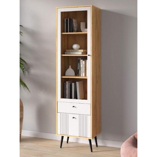 Шкаф Правила мебели Вега Саксония 1 дверь, с полками, с ящиками, с доводчиками, 53.7х40х200 см, Дуб Крафт золотой / Миндаль