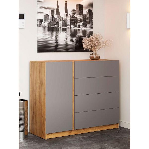 Комод Правила мебели для одежды и хранения вещей Бостон с ящиками, с полками, 120х47.7х99.5 см, Дуб Крафт золотой / Серый шифер
