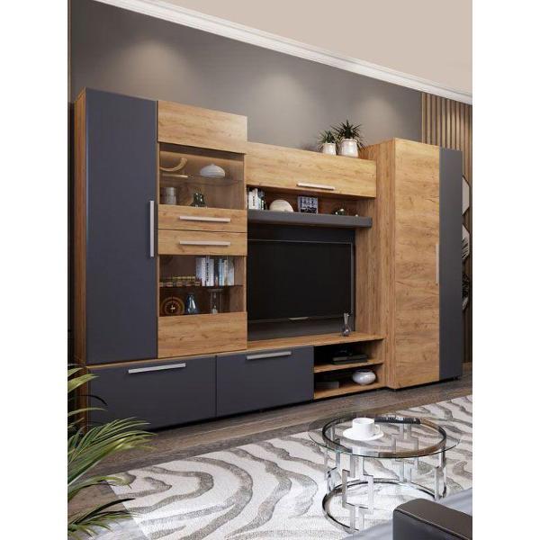 Стенка Правила мебели Сафари, тумба под телевизор, полка, шкафы, 300х51х200 см, Дуб Крафт золотой / Графит Софт