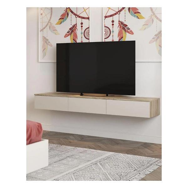 Тумба прикроватная Правила мебели под телевизор навесная Бохо ТВ с ящиками, 163.4х35х20 см, Дуб Крафт серый / Кашемир