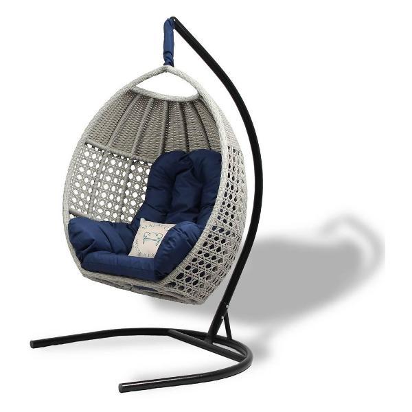 Кресло подвесное MALACCA Авиано, искусственнаый ротанг, с подушкой и стойкой в цвете сицилия с синей подушкой