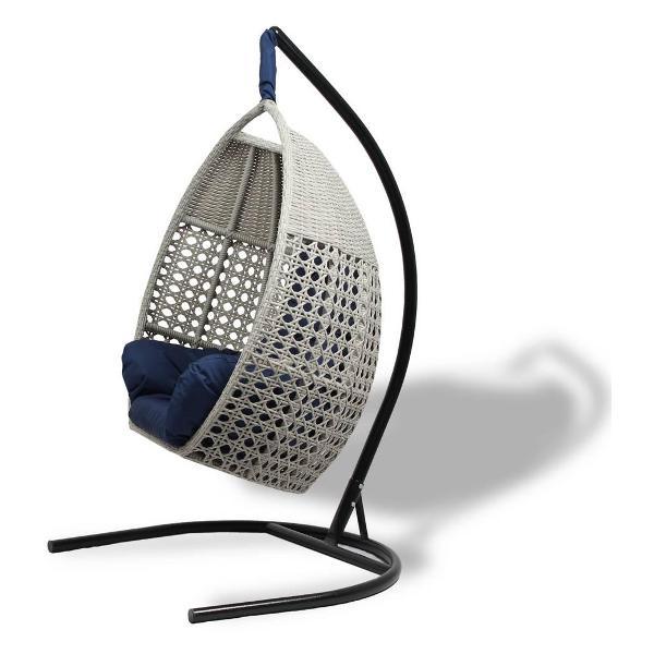 Кресло подвесное MALACCA Авиано, искусственнаый ротанг, с подушкой и стойкой в цвете сицилия с синей подушкой