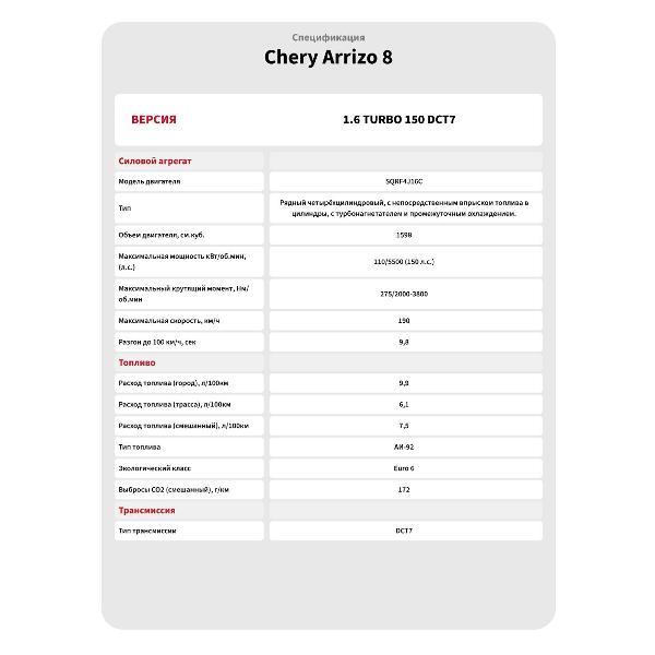 Автомобиль бензиновый CHERY Arrizo 8 Prime 1.6 DCT (Белый)