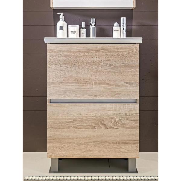 Тумба для ванной 1MARKA с раковиной Фостер 60 см Aris, напольная, 2 ящика, цвет Дуб Сонома,Ц0000042580