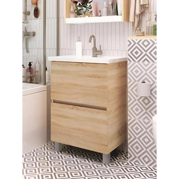 Тумба для ванной 1MARKA с раковиной Comfort 70 см Aris, напольная, 2 ящика, цвет Дуб Сонома,Ц0000042581