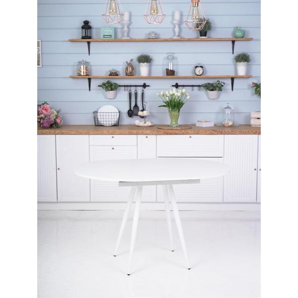 Стол обеденный Frenesie Элип конус кухонный круглый раздвижной, белый шагрень, 85х85/120х75 см.