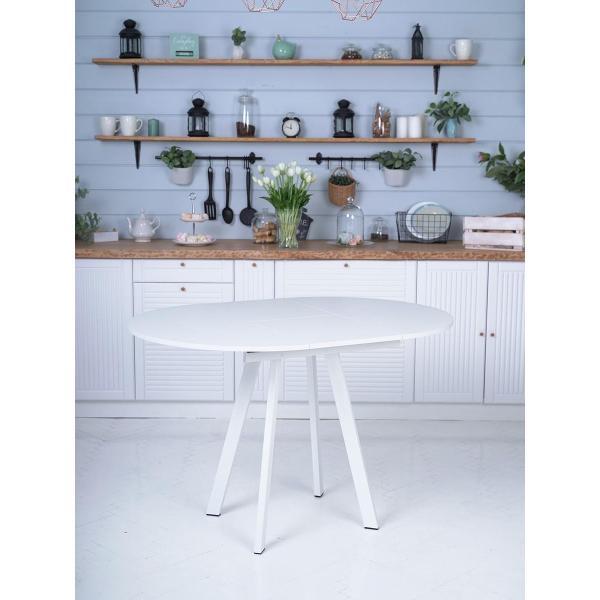 Стол обеденный Frenesie Элип профиль кухонный круглый раздвижной, белый шагрень, 85х85/120х75 см.