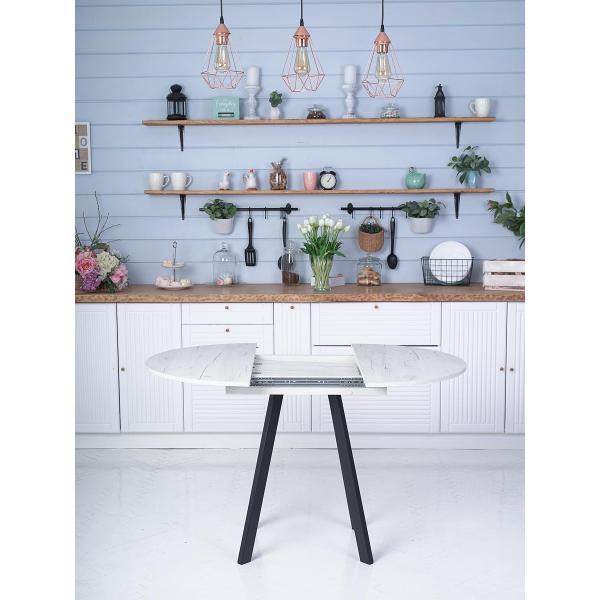 Стол обеденный Frenesie Элип профиль кухонный круглый раздвижной, дуб крафт белый, 85х85/120х75 см.