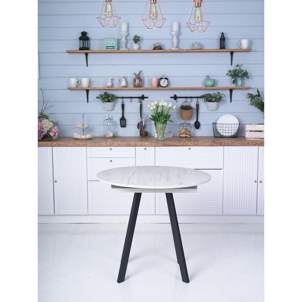 Стол обеденный Frenesie Элип профиль кухонный круглый раздвижной, дуб крафт белый, 85х85/120х75 см.