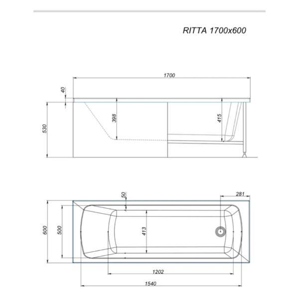 Ванна Timo Акриловая RITTA1760 170*600 на каркасе со сливом-переливом