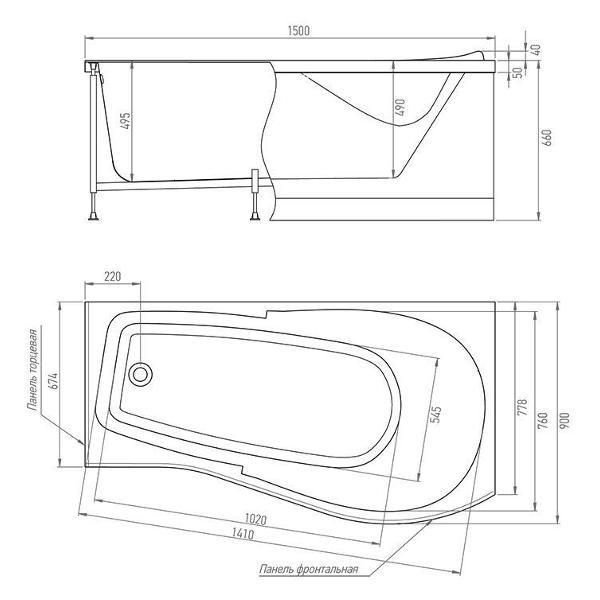 Ванна Timo Акриловая VINO1590R 150*90*66 на каркасе с перели