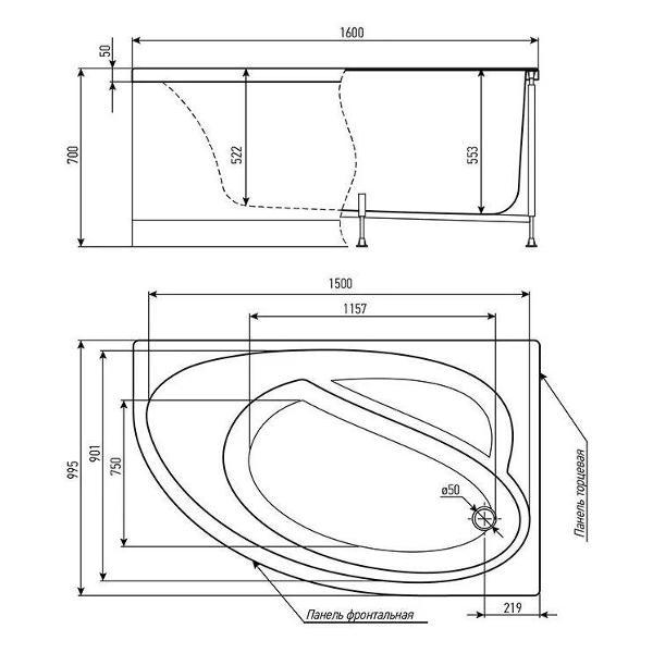 Ванна Timo Акриловая IVA1610R 160*100*70 на каркасе с перели