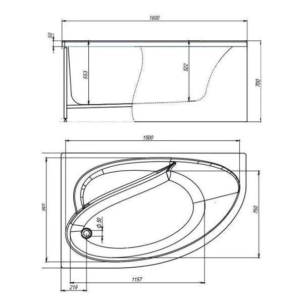 Ванна Timo Акриловая IVA1610L 160*100*70 на каркасесо с пере