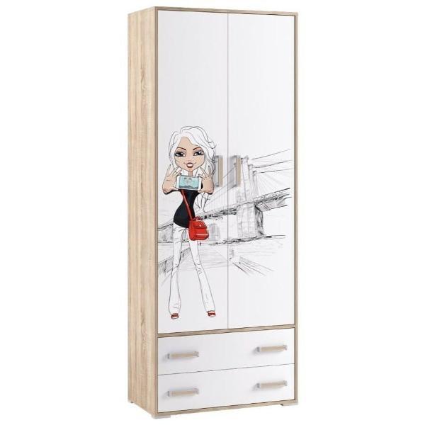 Шкаф распашной ТЭКС мебель двухстворчатый универсальный, с ящиками, Белый/Сонома (фотопечать)